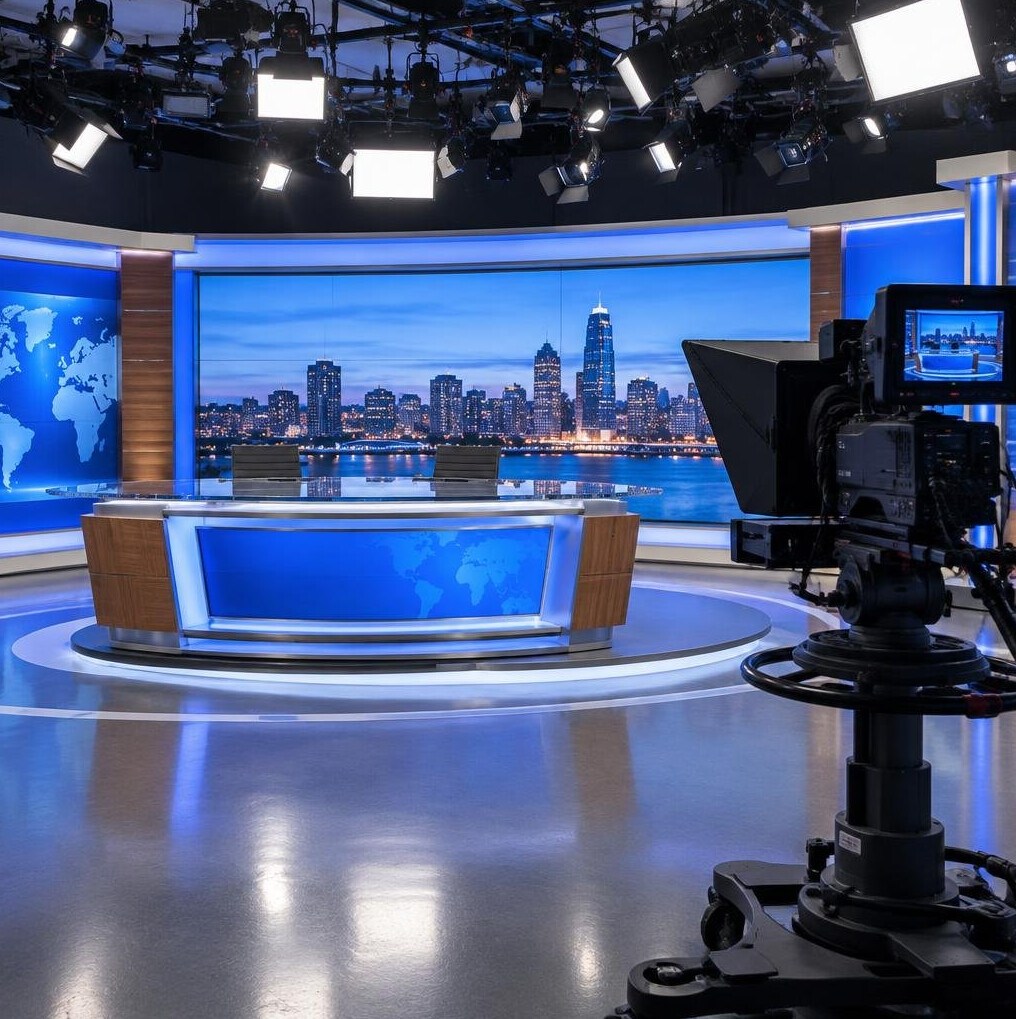 Television studio set with broadcasting lights and cameras