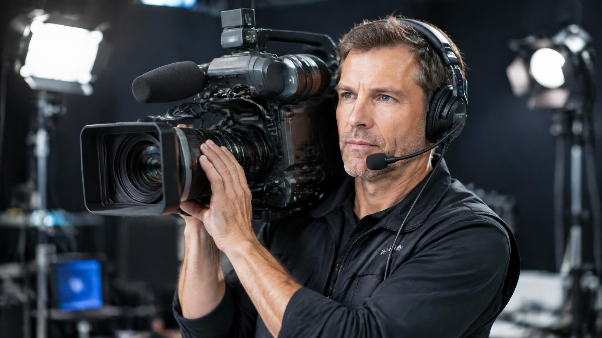 Camera operator filming with a professional broadcast camera