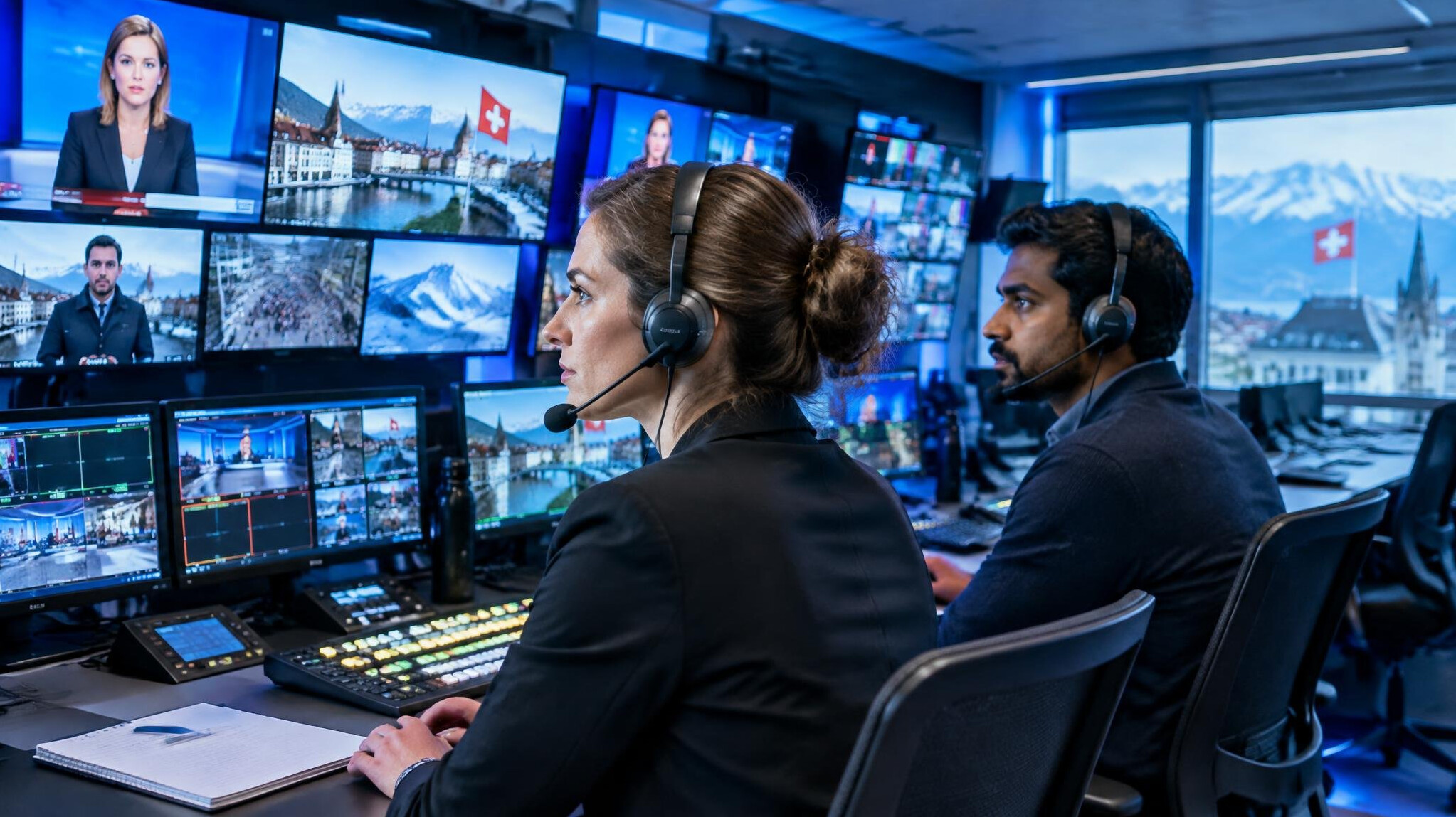 Broadcast control room with technicians monitoring live video feeds