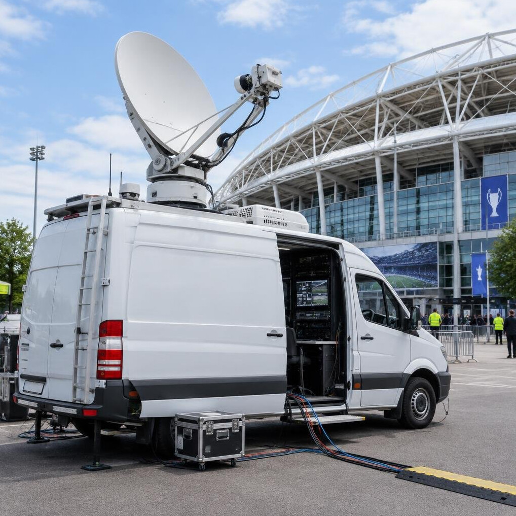 Outside broadcast van with satellite uplink dish